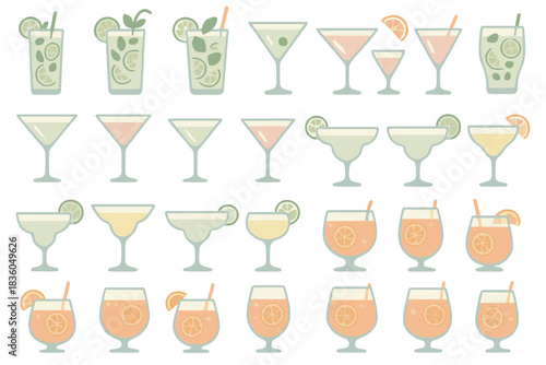 Colorful cocktails and drinks displayed in an artistic arrangement for a summer party celebration