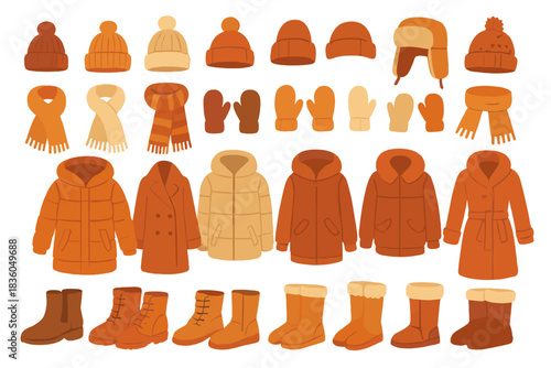 Warm winter clothing collection featuring hats, scarves, gloves, and coats in shades of orange and brown for chilly days