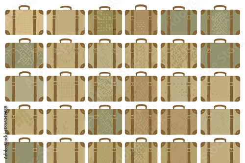 Vintage suitcase patterns arranged in a grid showcasing various designs, colors, and textures