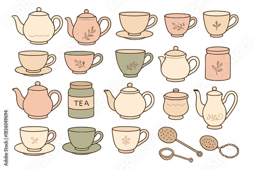 Various tea sets and cups displayed in pastel colors with elegant designs for a charming afternoon tea setting