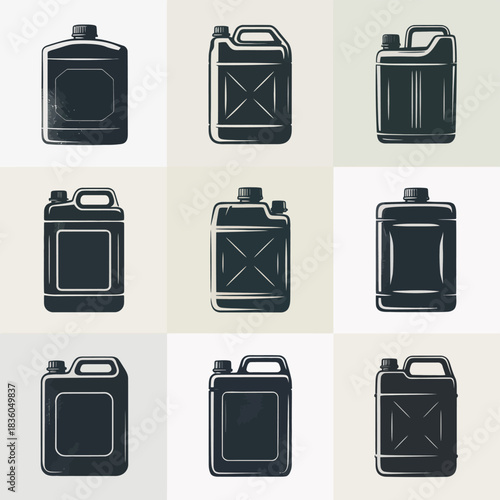 Collection of nine black jerry cans in a grid pattern