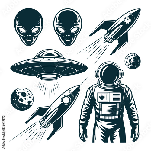 Retro space exploration elements including aliens astronauts rockets and ufos
