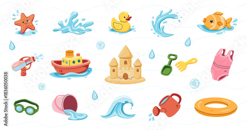 Summer beach set with ocean waves, starfish, fish, inflatable ring, swimsuit, sandcastle, boat and toys. Illustration for kids design, travel card, stickers, apps, posters and textile print.