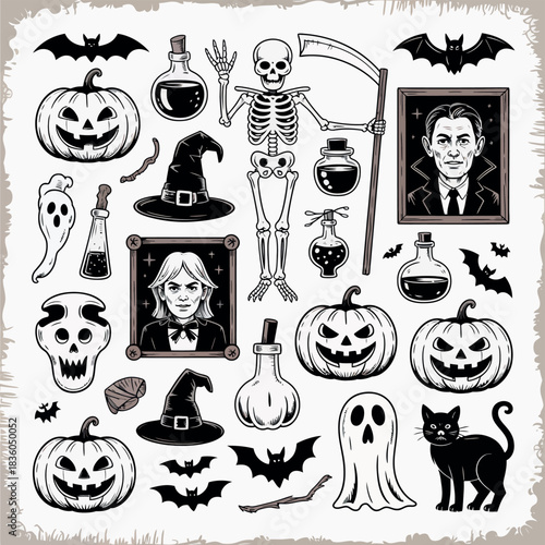 Spooky halloween illustration with skeleton pumpkins ghosts bats and witch hats