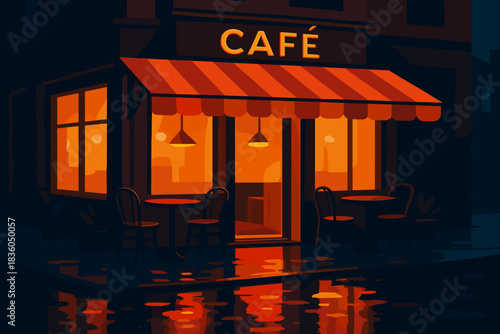 Cozy cafe with warm lighting inviting guests on a rainy evening