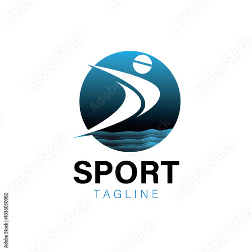 Abstract athletic logo of a person in dynamic motion within a blue circle, symbolizing active lifestyle and fitness