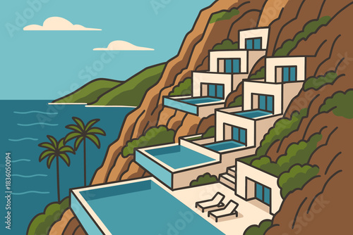 Modern coastal villas overlook a calm blue ocean and lush green hills in a sunny tropical setting