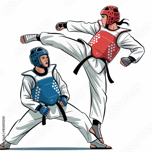 Two taekwondo fighters in action during a sparring match
