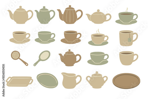Variety of tea and coffee vessels in simple shapes and colors for kitchen decor