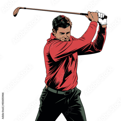 Man in red shirt swinging a golf club with intensity
