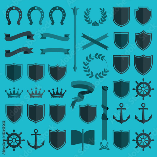 Collection of vintage nautical and heraldic emblems and symbols