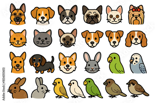 Variety of playful and cute animal faces arranged in colorful design on a white background