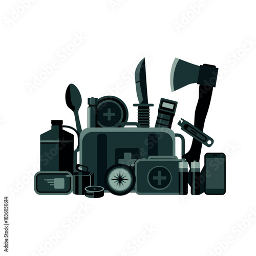 Survival gear kit with axe knife compass first aid and water bottle