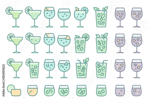 Different types of colorful cocktails arranged in a creative layout for a drink menu or bar presentation