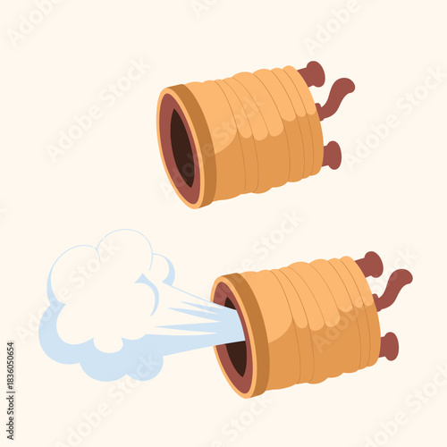 Two cartoon cannons with smoke coming from one