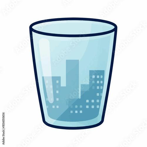 Cityscape reflection inside a glass, suggesting a modern urban environment and environmental concerns about city water sources and sustainable urban planning