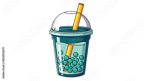 Cartoon style green bubble tea in a plastic cup with a straw.
