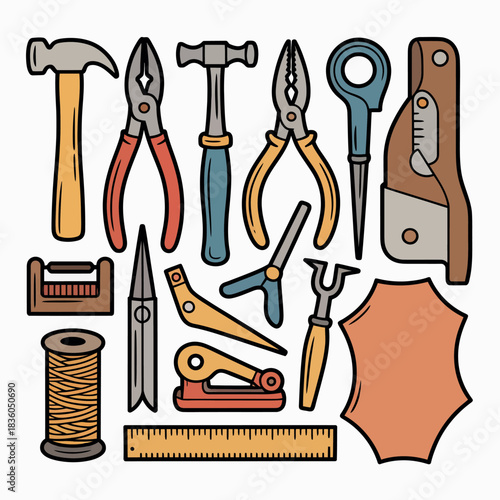 Collection of leatherworking tools and materials hand drawn illustration