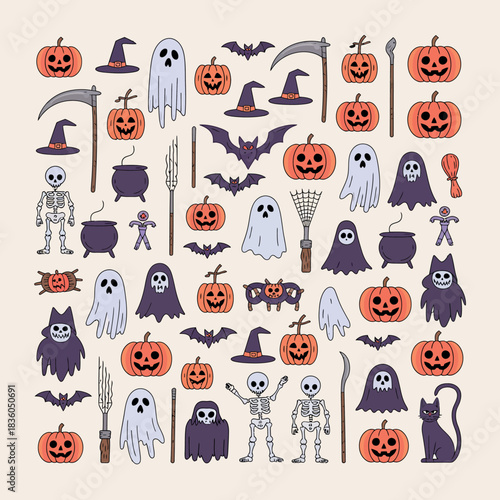 Collection of cute halloween icons and characters in a playful pattern