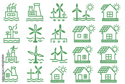 Creative illustrations of renewable energy sources and eco-friendly homes in a vibrant and sustainable design
