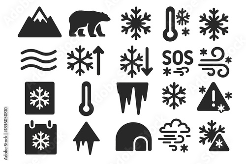 Montage of winter weather symbols and icons representing cold, snow, and survival in a snowy environment
