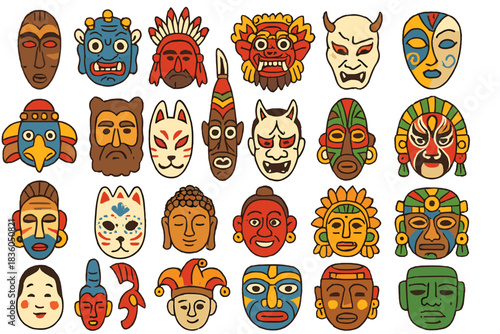 Diverse collection of colorful masks showcasing various cultural traditions and artistic styles from around the world