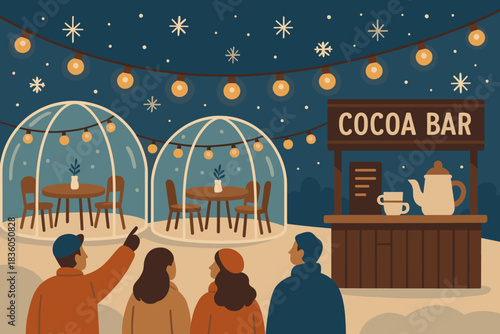 Winter evening at a cozy outdoor cocoa bar with igloo seating and twinkling lights