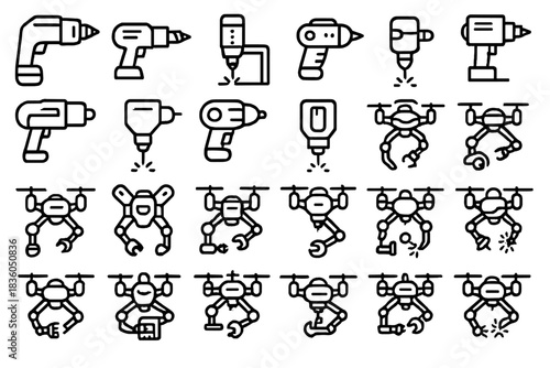 Variety of robotic and manual tools, including drills and drones, suitable for various tasks and projects