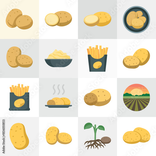 Collection of potato icons and illustrations showing different forms and uses