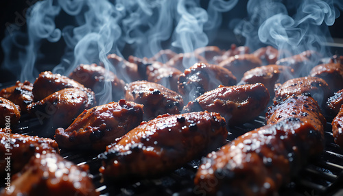 Fototapeta Naklejka Na Ścianę i Meble -  Delicious chicken wings cooking on a barbecue grill with smoke rising