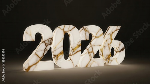 Illuminated 2026 numerals with marbled texture on a dark background