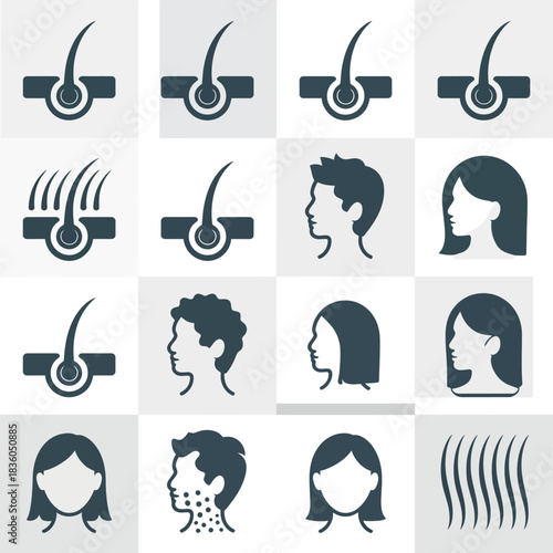Collection of hair icons and silhouettes for health and beauty