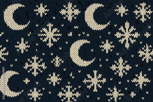 Cozy winter pattern featuring snowflakes and crescent moons on a dark background