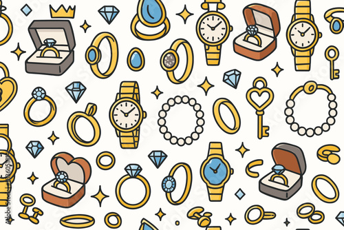 Collection of colorful jewelry and watches scattered on a white background showcasing rings, bracelets, and necklaces