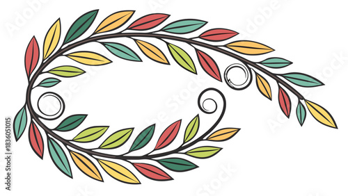 Colorful Leaf Wreath Border Vector Illustration, A vector illustration of a curved border or wreath made from colorful leaves in red, yellow, and green with spiral accents.