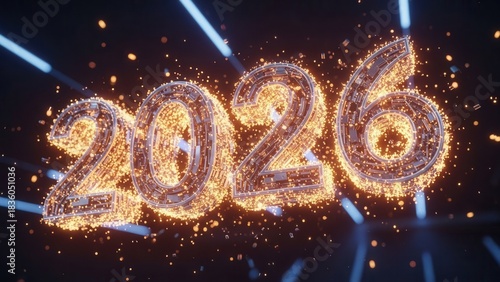 Fiery 2026 numbers illuminate a dark background with streaks of light