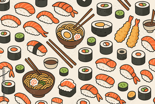 Sushi and Noodles pattern featuring various Japanese dishes on a light background for food lovers