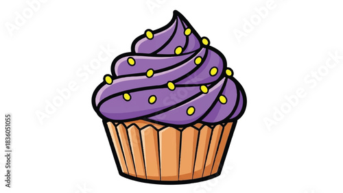 Delicious Cupcake with Purple Frosting and Yellow Sprinkles Illustration.