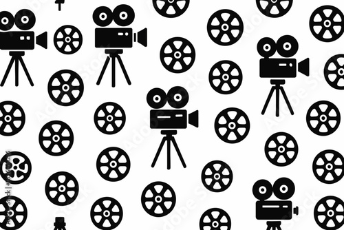 Creative pattern featuring vintage cameras and film reels in black and white design for film-themed decor