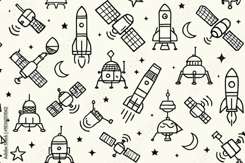 Space-themed pattern featuring rockets, satellites, and celestial bodies in a whimsical design suitable for various creative projects