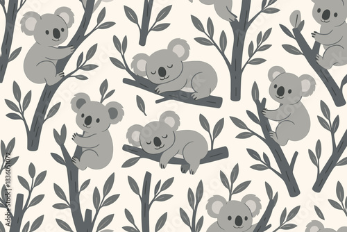 Pattern featuring adorable koalas resting on branches surrounded by green leaves in a playful design