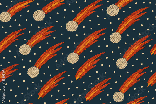 Colorful embroidery pattern featuring comets and stars on a dark background