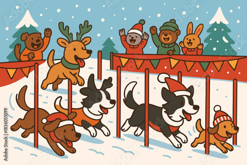 Dogs compete in a fun winter obstacle course while spectators cheer in a snowy park