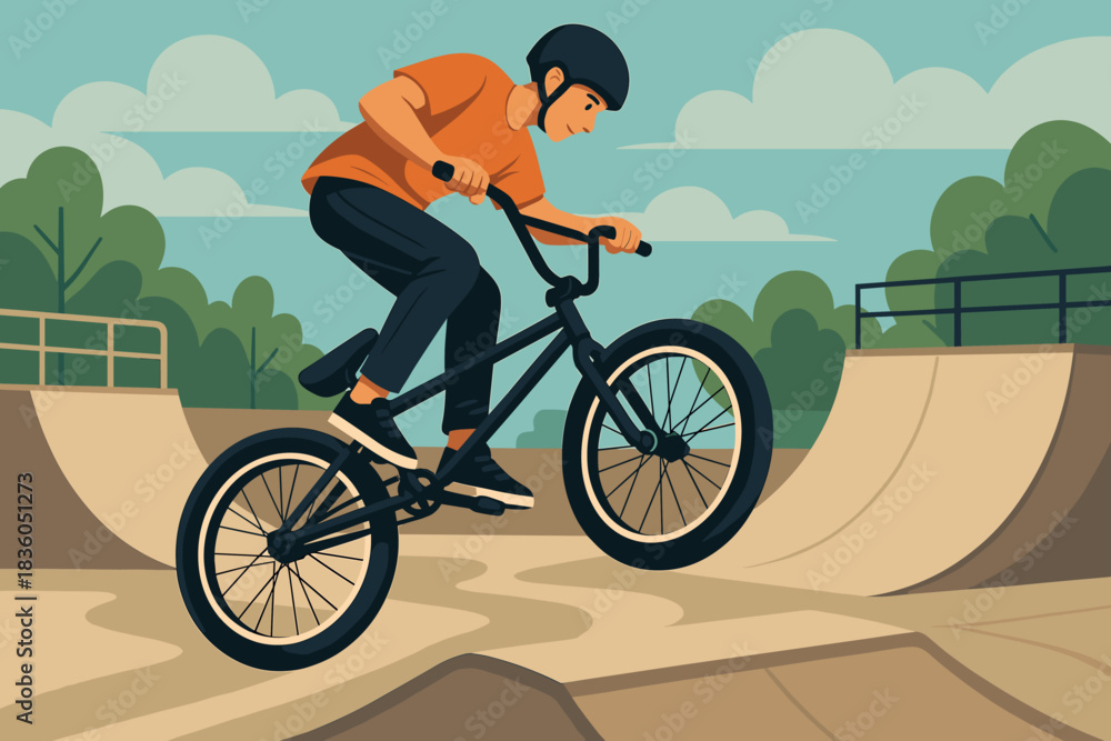 Obraz premium BMX rider performs a trick at a skatepark in sunny weather with clear skies and trees in the background