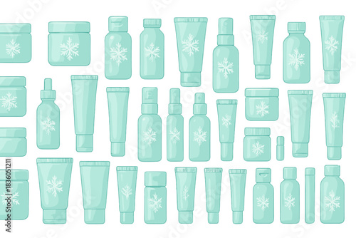 Beauty product collection featuring various packaging designs in soft mint color