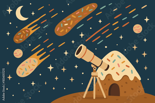 Enjoying a night of stargazing with a telescope near a whimsical cookie-shaped observatory