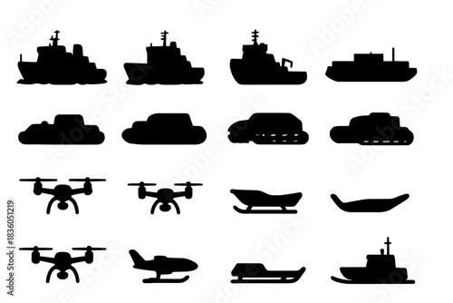 Silhouettes of various transportation vehicles including boats, drones, and sleds on a plain background