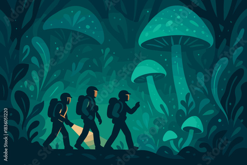 Explorers walk through a mystical forest filled with glowing mushrooms during a nighttime adventure in a fantasy world