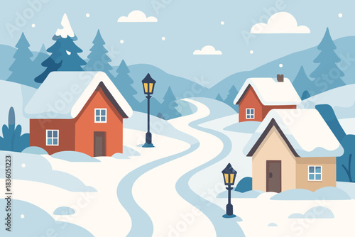 Winter village scene with snow-covered houses and street lamps under a clear blue sky