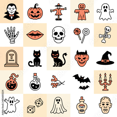 Collection of halloween icons and symbols for spooky celebrations